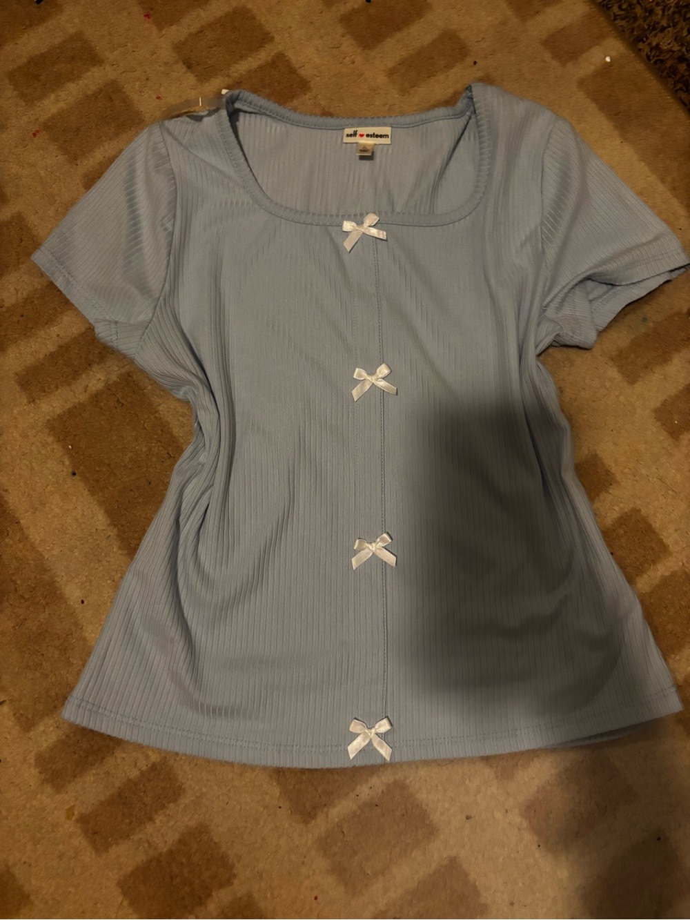 Self Esteem Light Blue Ribbed Short Sleeve Top with White Bows